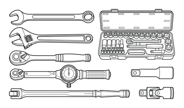Mechanic hand tools and socket set on a transparent background vector art