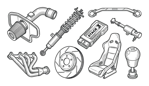 Performance car tuning parts collection with turbo intake coilover suspension brake disc and seat