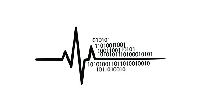 Digital heart monitor line seamlessly transitioning into a sequence of binary code on a clean white background.