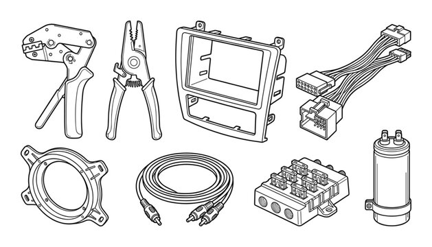 Professional car audio installation tool set and electronic accessories linear vector illustration