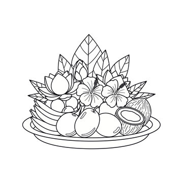 Black and white outline icon of temple offering plate with flowers and fruits, minimal vector style