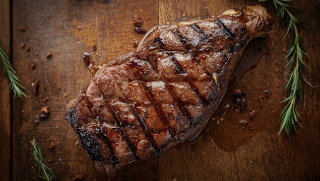 Black Angus beef Tri Tip steak on a wooden surface, viewed from above