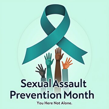 Sexual Assault Prevention Month awareness poster, teal ribbon with diverse hands reaching up, supportive community concept for victim advocacy
