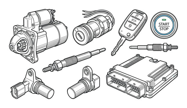 Set of car engine starting system parts isolated on transparency background vector illustration in outline style