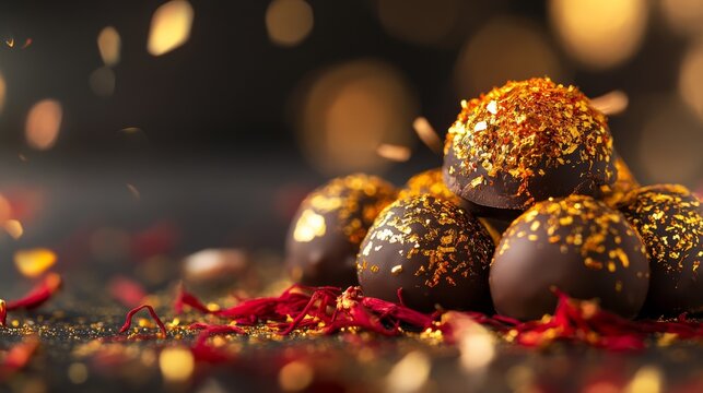 Luxury Dubai chocolate truffles with gold leaf and saffron flakes, close-up .