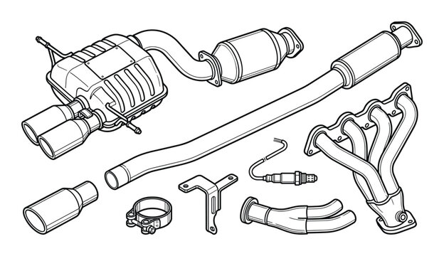 Set of car repair exhaust system parts, line art icons on transparent background