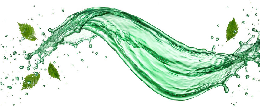 A dynamic splash of vibrant green liquid flows in a wave formation with small droplets and fresh green leaves scattered around water splash liquid wave fresh leaves water drops
