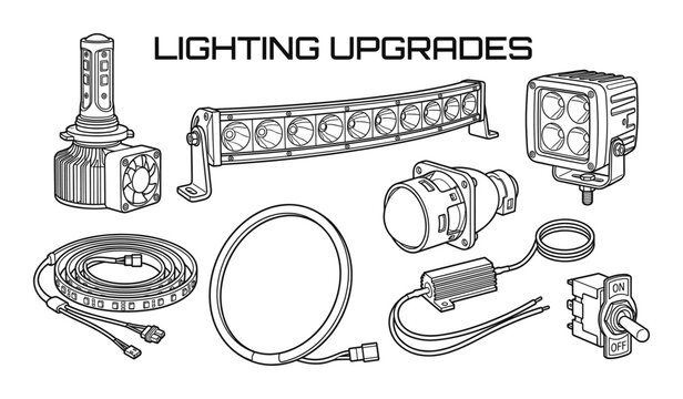 Vehicle lighting upgrades set LED headlights fog lights light bar and switch drawing