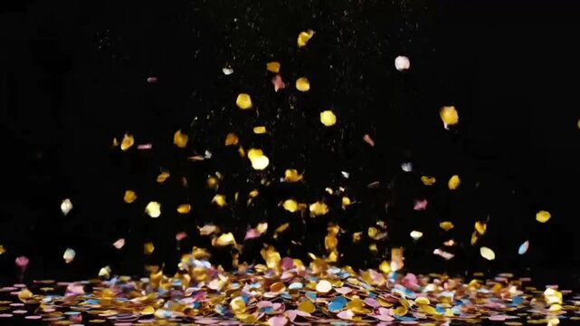 Colorful confetti scattered across a black background with pieces falling from above in a celebratory mood.
