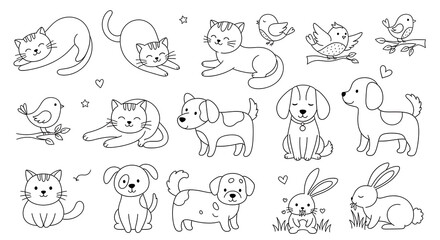 Fototapeta premium A collection of cute cartoon animals including dogs, cats, and a rabbit in various playful poses isolated on white background
