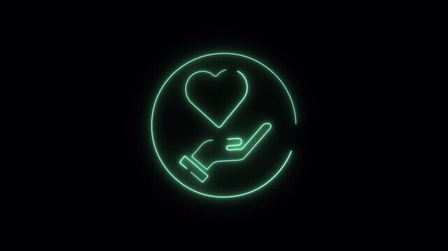 Animated Neon Care Icon, Hand Holding Heart Support and Healthcare Concept (Transparent Background)