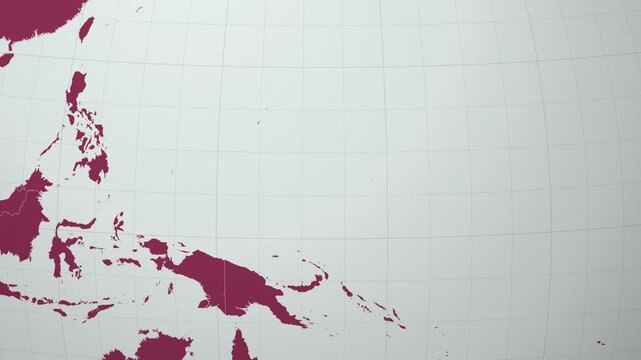 Micronesia map. Animated zoom into the country on the Globe in Pale Mint Dark Pink color palette. Country logo animation with round text and airplanes. Map with meridians, parallels. Classic video.