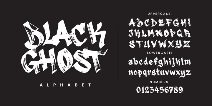 Black Ghost gothic brush font with decorative strokes and mysterious tattoo style for apparel dark art branding