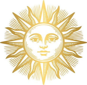 Golden celestial sun with radiant rays mystical solar star