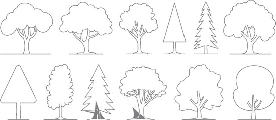 Collection of ten stylized line trees in various shapes and sizes on a white background nature forest © ESIPOOS