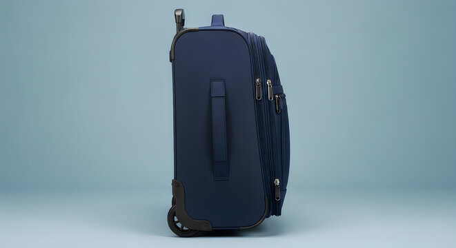 Dark blue rolling suitcase with expandable compartments and sturdy handle system