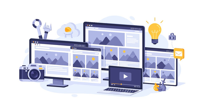 Multiple Computer Screens and Electronic Devices.