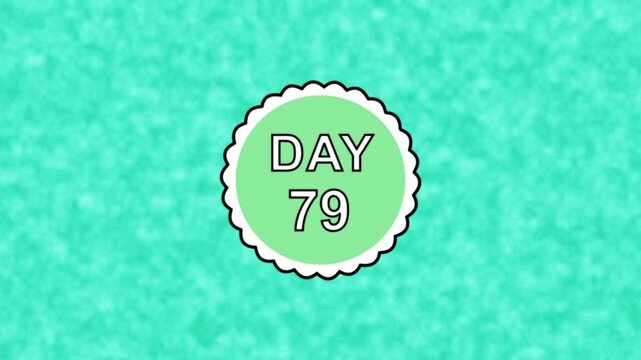 Day 79 text prominently displayed over curvy decorated spinning round circle on  solid soft vibrant green white multicolored painted wall seamless loop animation.