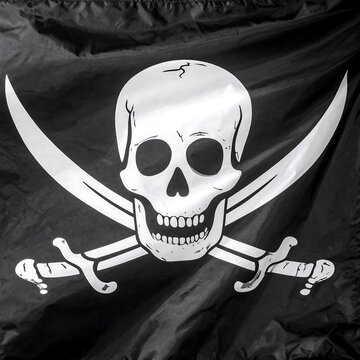 Black pirate flag featuring a skull and crossed swords design