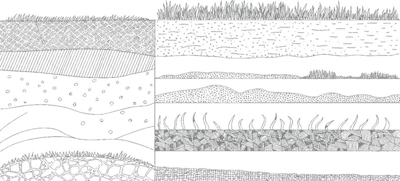 Cross section of soil layers with varied textures and grass ground