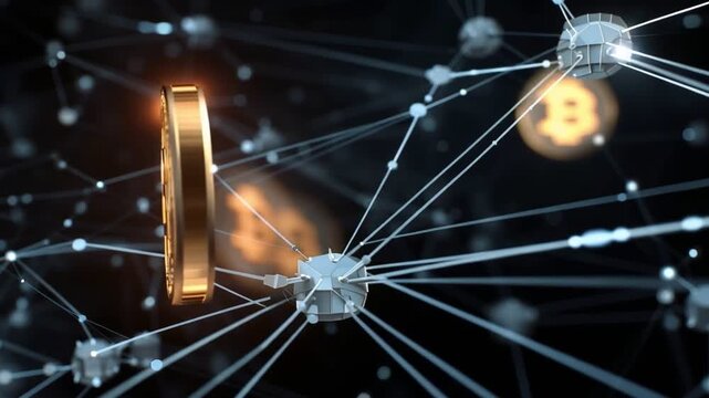 A visually striking representation of cryptocurrency with a golden Bitcoin on a digital network background, symbolizing the innovation and future of finance and technology.