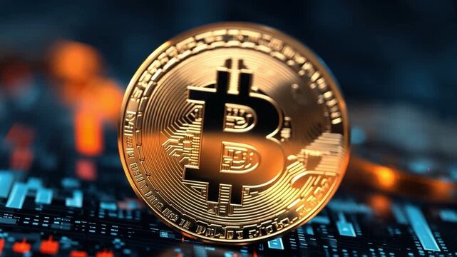 Close-up of a Bitcoin on a digital background, symbolizing cryptocurrency and financial technology. The image captures the essence of modern investment and digital finance trends.