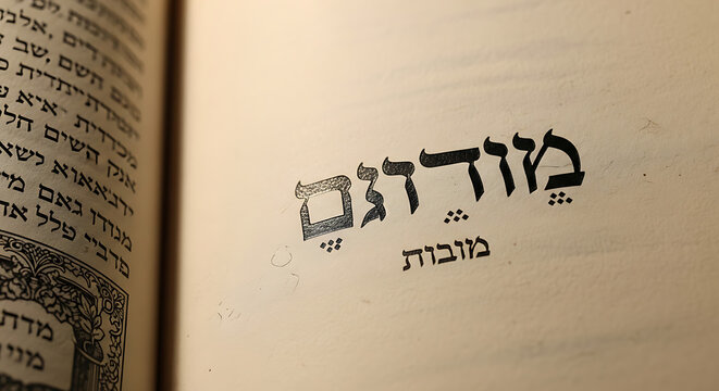 Close-up of Hebrew text in book.
