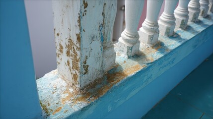 Fototapeta premium バルコニーの手すりは明るい色で磨耗を示しています