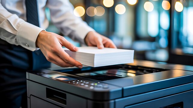 Office printing and scanning with multifunction printer and documents in modern workplace