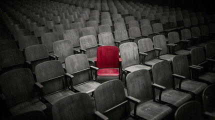Fototapeta premium Single red chair standing out in a dark auditorium, concept of individuality, leadership and courage to be different