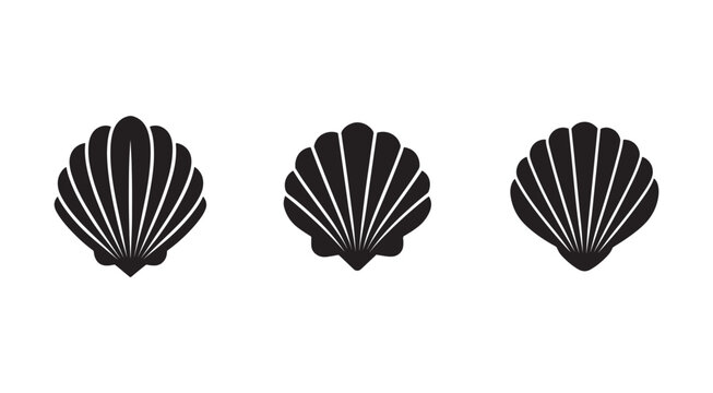 Three black scallop seashells on white background  ocean  sea  beach  marine  shell  scallop  seafood  ocean creature  marine life  sea creature  shellfish  seafood icon  ocean icon  sea icon
