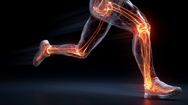 A digital rendering of a human leg in a running pose with glowing, fiery effects emphasizing muscle and joint areas
