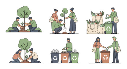 Fototapeta premium People engaging in eco friendly activities like recycling and tree planting together