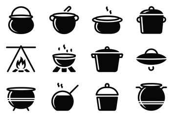 Fototapeta premium Black Cauldron Vector Icons Set
