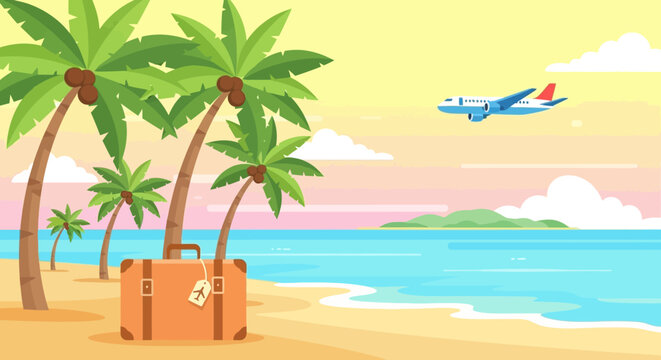 Vintage suitcase on a tropical beach with palm trees and airplane flying overhead