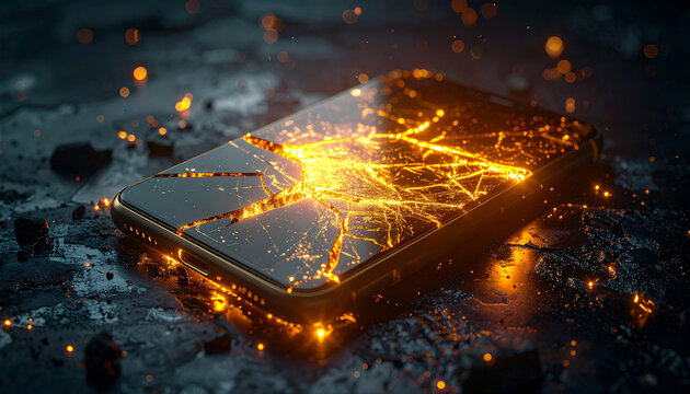 画面が激しく割れてオレンジ色に発光するスマートフォンのコンセプト画像