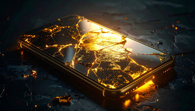 金継ぎのように金の光を放つ、ひび割れた画面のスマートフォンのコンセプト