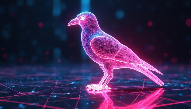 Neon wireframe raven model stands on glowing digital grid. Futuristic bird glows bright pink and blue on dark background. Cybernetic animal abstract art.