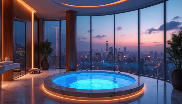 Round blue jacuzzi tub in modern penthouse bathroom. Floor to ceiling windows reveal city skyline at dusk. Soft interior lighting creates calm ambience. Luxurious relaxation awaits.