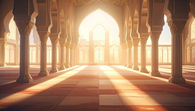 Interior view of an ornate, sunlit hall with archways and pillars