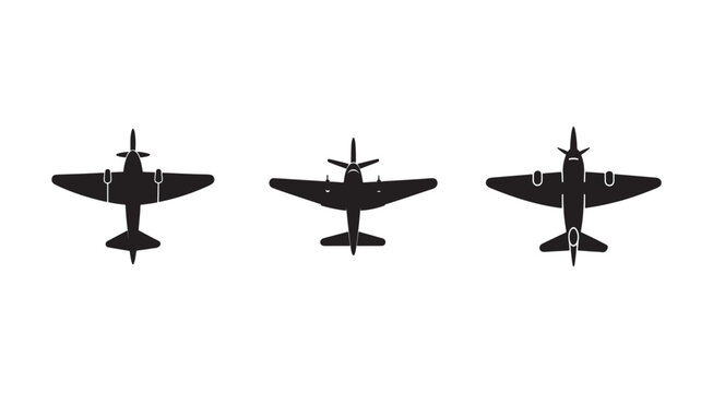 Three black silhouettes of vintage airplanes in different views  side and front  isolated on white background