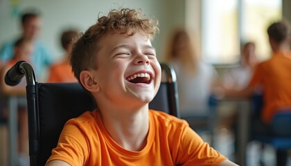 Joyful boy in wheelchair laughs heartily in classroom. Kids study together in school, showing inclusion and happiness in learning environment. Youngster enjoys moment.