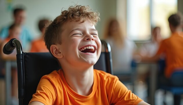 Joyful boy in wheelchair laughs heartily in classroom. Kids study together in school, showing inclusion and happiness in learning environment. Youngster enjoys moment.