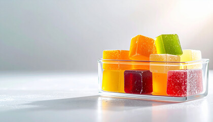 ガラス容器に入った色鮮やかなフルーツゼリーのキューブ