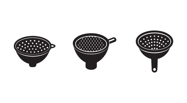 Three black strainer icons in different shapes and sizes for kitchen use  isolated on white background