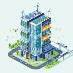 Naklejka premium Modern architectural illustration showcasing sustainable smart city concepts