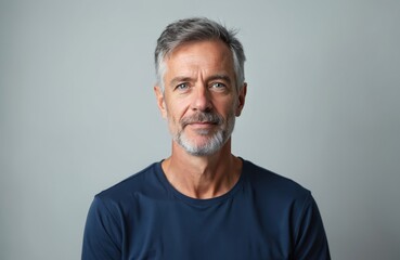 Fototapeta premium Mature man with grey hair and stubble stares ahead. He wears a blue t-shirt against a plain grey backdrop, presenting a calm and serious demeanor. His blue eyes are direct.