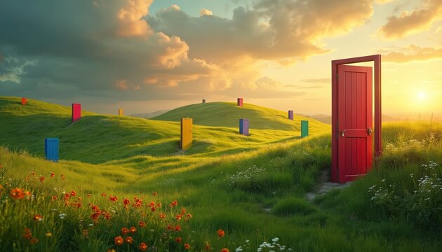 Colorful doors stand open in a grassy meadow with wildflowers under a sunset sky, creating a surreal and dreamlike landscape. Multiple open doors are scattered across rolling hills.