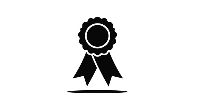 Elegant black rosette award icon featuring a classic ribbon design, symbolizing achievement, quality, excellence, or recognition, rendered with clean lines and a subtle shadow on a pristine white.