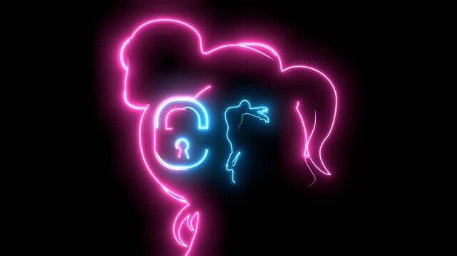 Zombie inside a female head. Psychological and mental health symbol of mental prison and restriction. Fixed mindset. Introvert character. Neon shine.